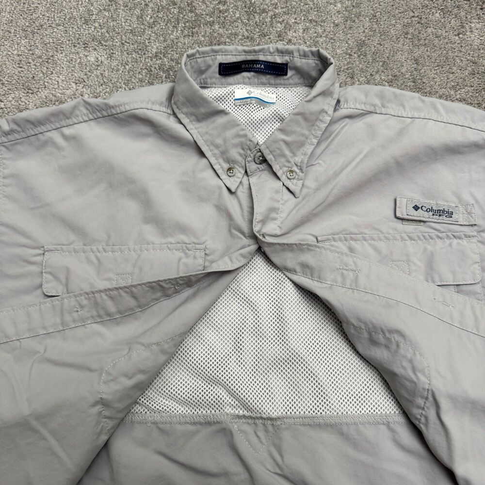 Columbia PFG Bahama Omni Shade Short Sleeve Fishing Shirt Mens L Grey Nylon Top - Picture 6 of 14
